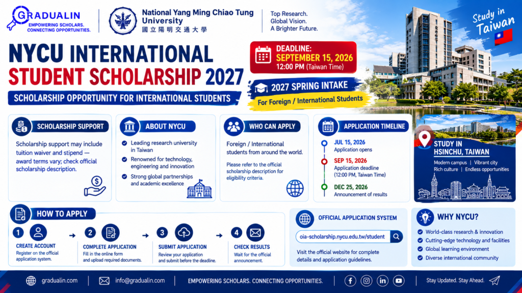 NYCU International Student Scholarship 2027 — Taiwan university campus with stipend and tuition waiver for international students