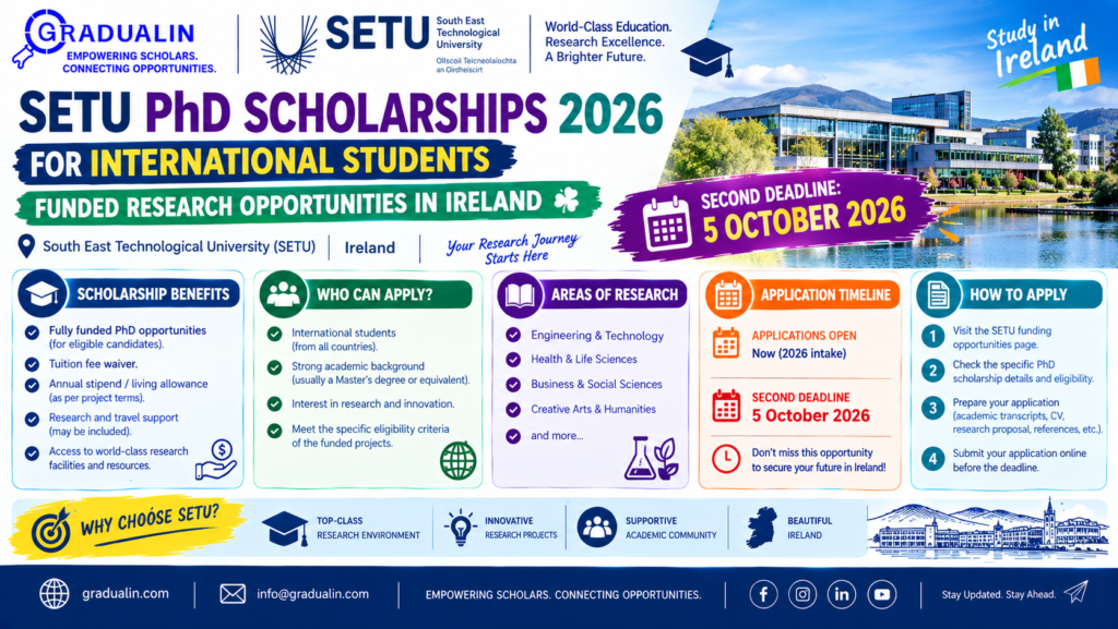 SETU PhD scholarships 2026 for international students — funded research opportunities in Ireland