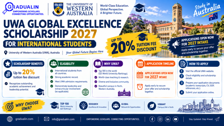 UWA Global Excellence Scholarship 2027 for international students — up to 20% tuition fee discount at University of Western Australia
