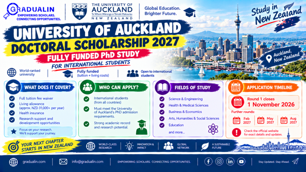 University of Auckland Doctoral Scholarship 2027 poster for fully funded PhD study in New Zealand for international students