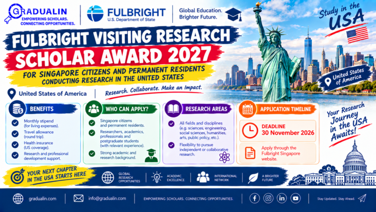 Fulbright Visiting Research Scholar Award 2027 poster for Singapore citizens and permanent residents conducting research in the United States