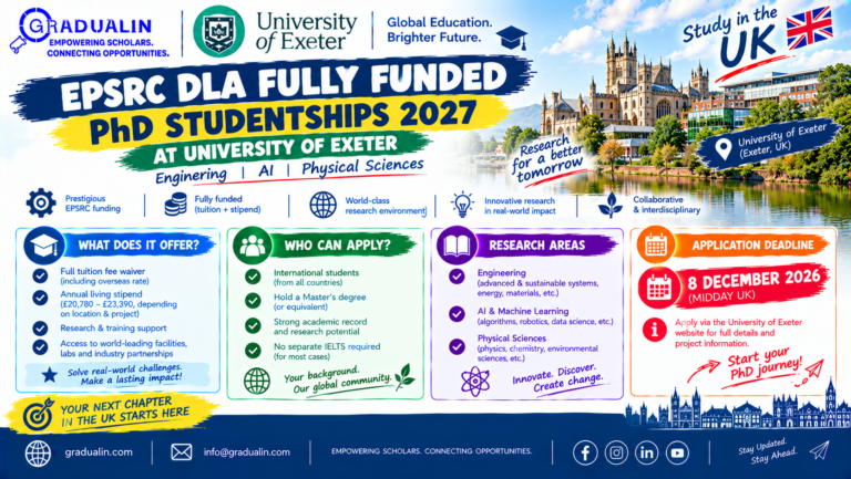 University of Exeter EPSRC DLA fully funded PhD studentships 2027 in engineering, AI and physical sciences, gradualin.com
