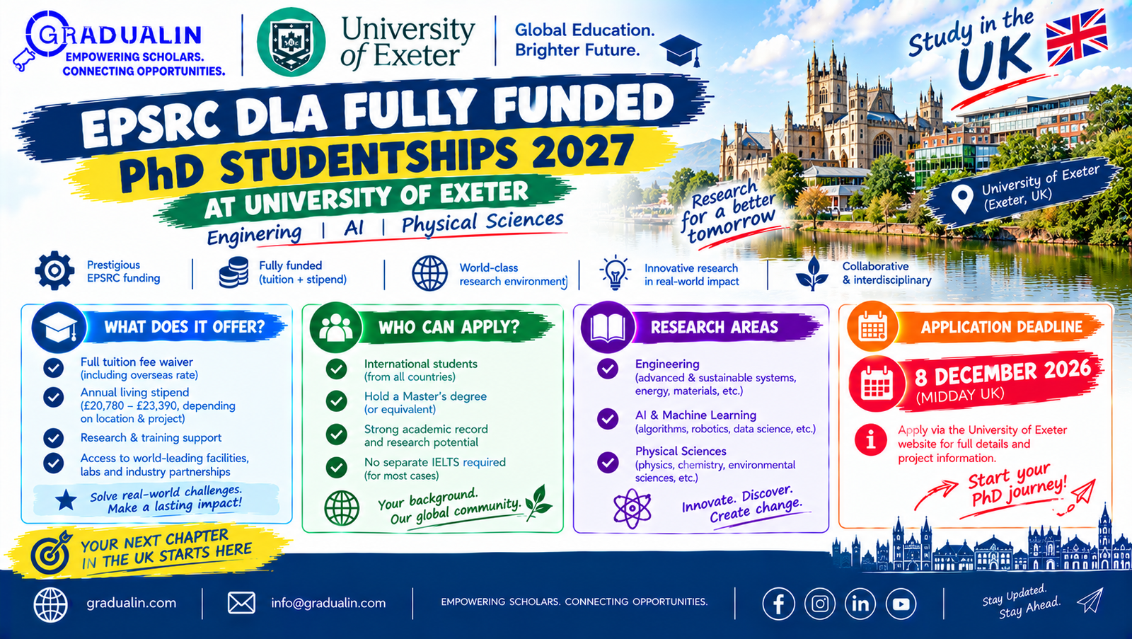 University of Exeter EPSRC DLA fully funded PhD studentships 2027 in engineering, AI and physical sciences, gradualin.com