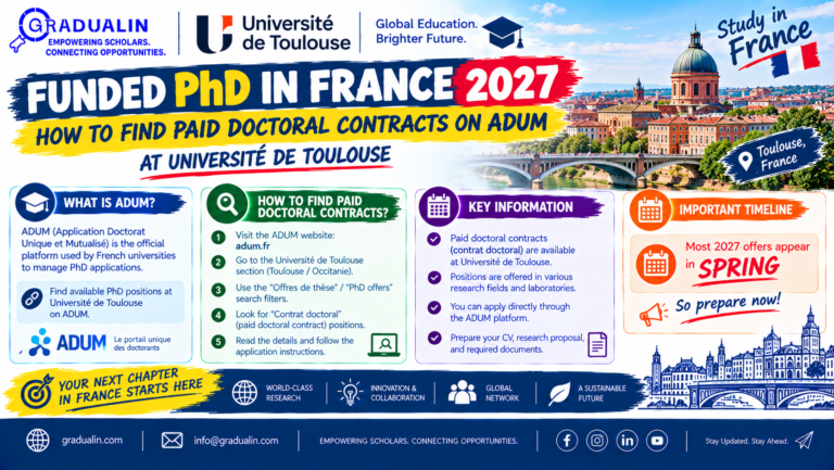 Funded PhD in France 2027 guide poster showing how to find paid doctoral contracts on ADUM at Université de Toulouse