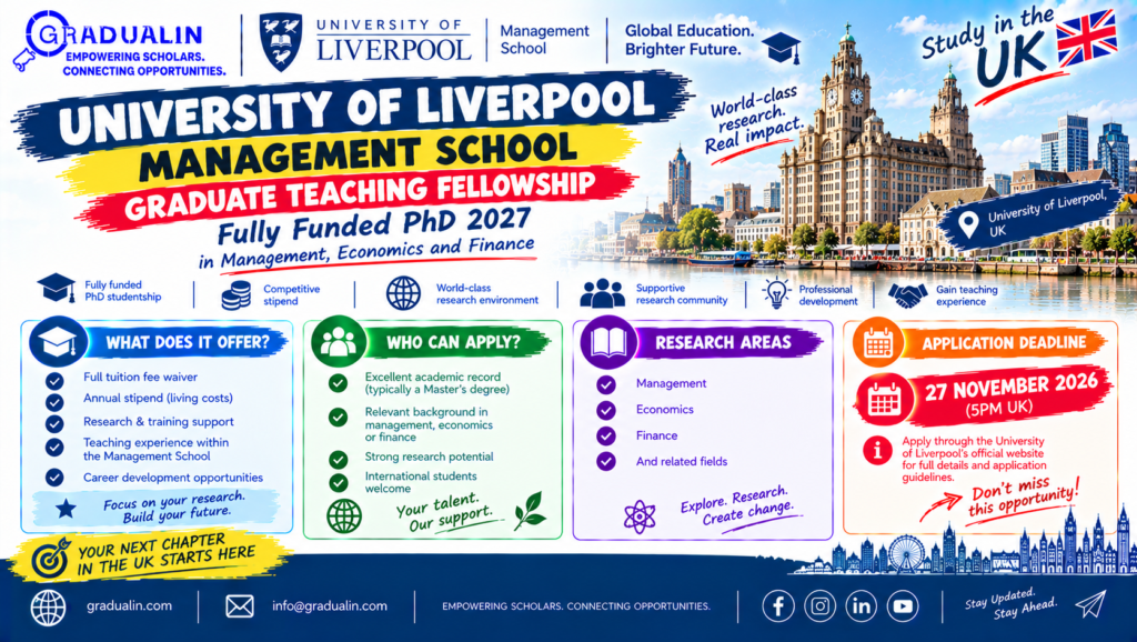 University of Liverpool Management School Graduate Teaching Fellowship fully funded PhD 2027 in management, economics and finance, gradualin.com