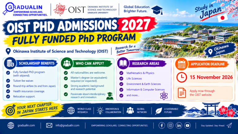 OIST PhD Admissions 2027 poster showing fully funded PhD program at Okinawa Institute of Science and Technology, Japan