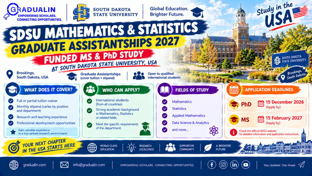 SDSU Mathematics and Statistics graduate assistantships 2027 poster for funded MS and PhD study in the USA