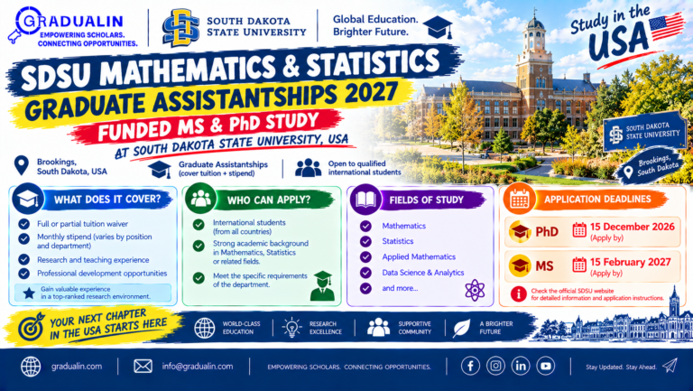 SDSU Mathematics and Statistics graduate assistantships 2027 poster for funded MS and PhD study in the USA