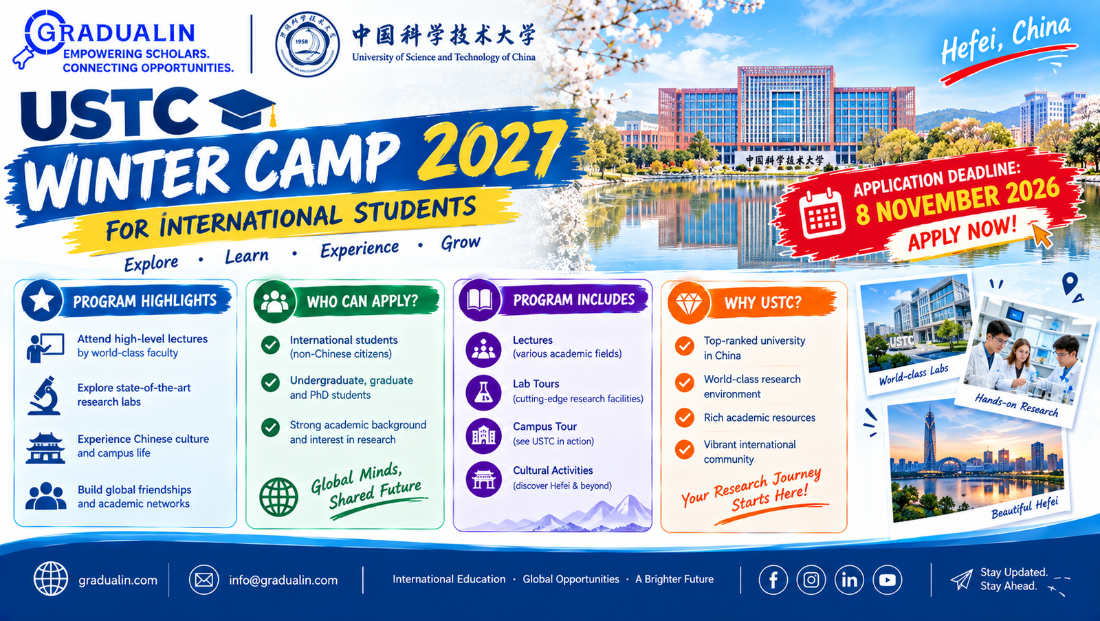 USTC Winter Camp 2027 poster for international students attending lectures and lab tours in Hefei, China