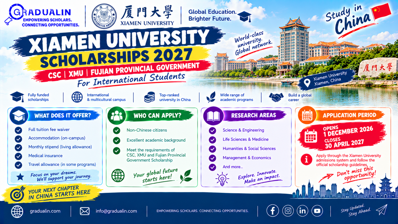 Xiamen University scholarships 2027, CSC, XMU and Fujian Provincial Government Scholarship guide for international students, gradualin.com