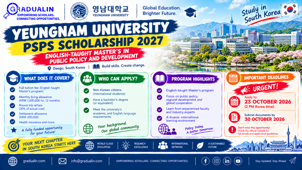 Yeungnam University PSPS Scholarship 2027 poster for English-taught master’s in public policy and development in South Korea